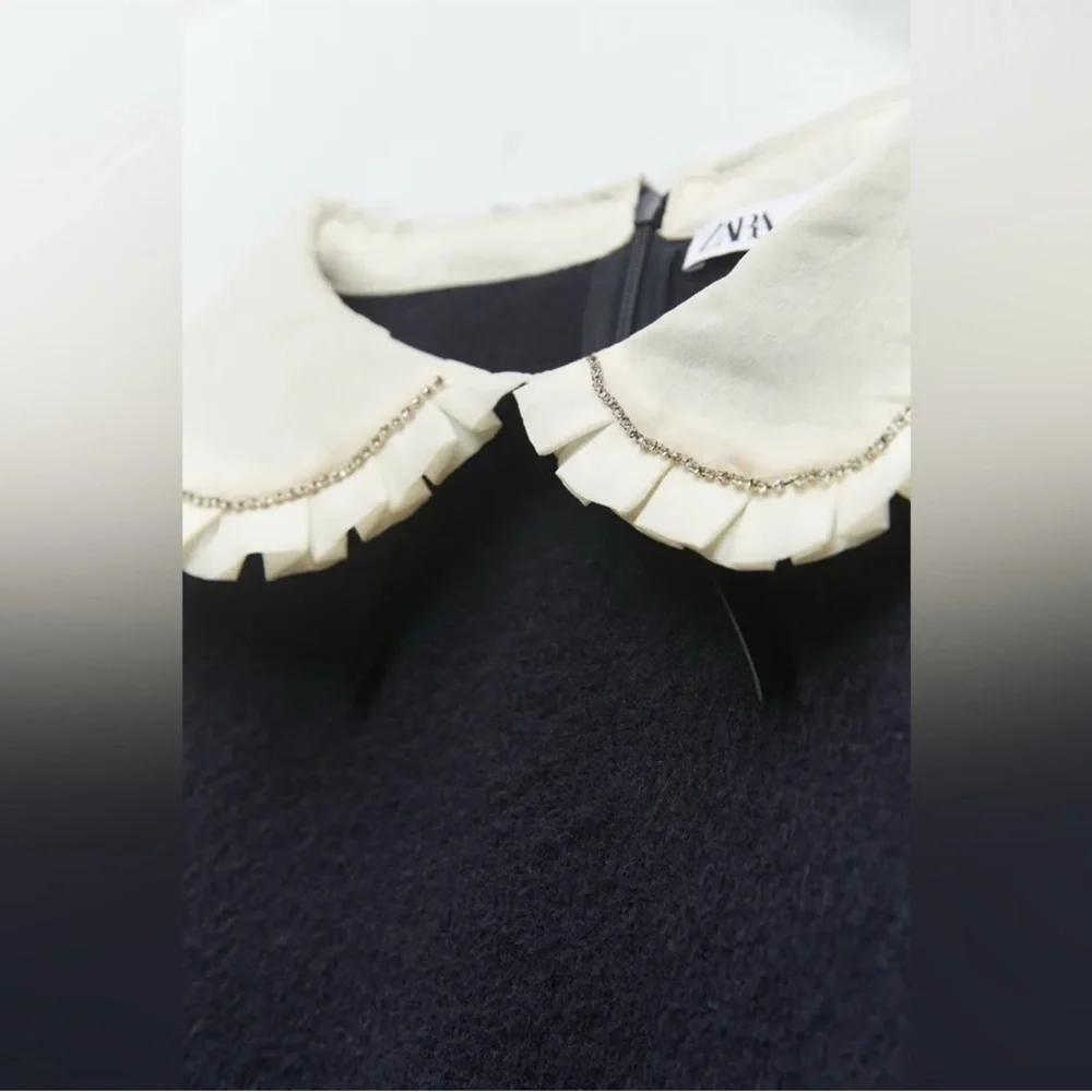 ZARA Navy Blue Rhinestone Trim Peter Pan Pointelle Collar Knit Sweater size M